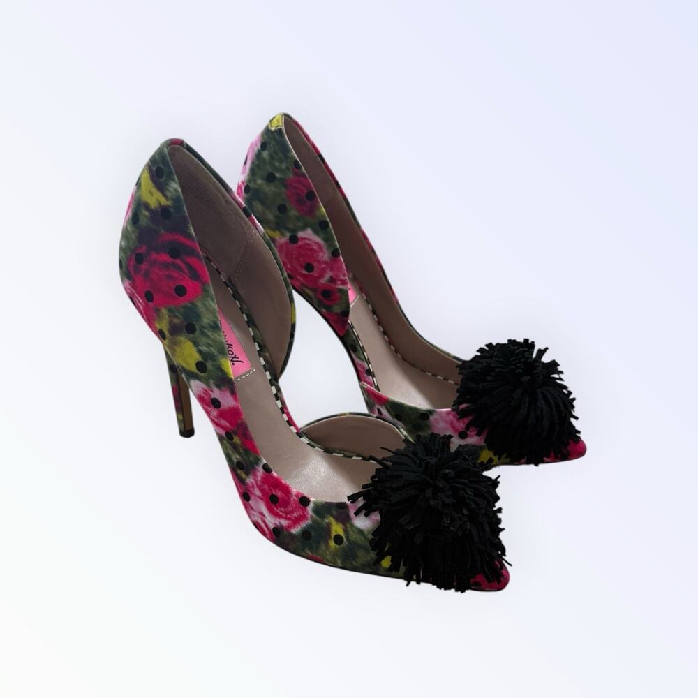 Betsey Johnson Harly Floral Polka Dot Pom Pom Pointed Toe Stiletto Pumps Heels 7